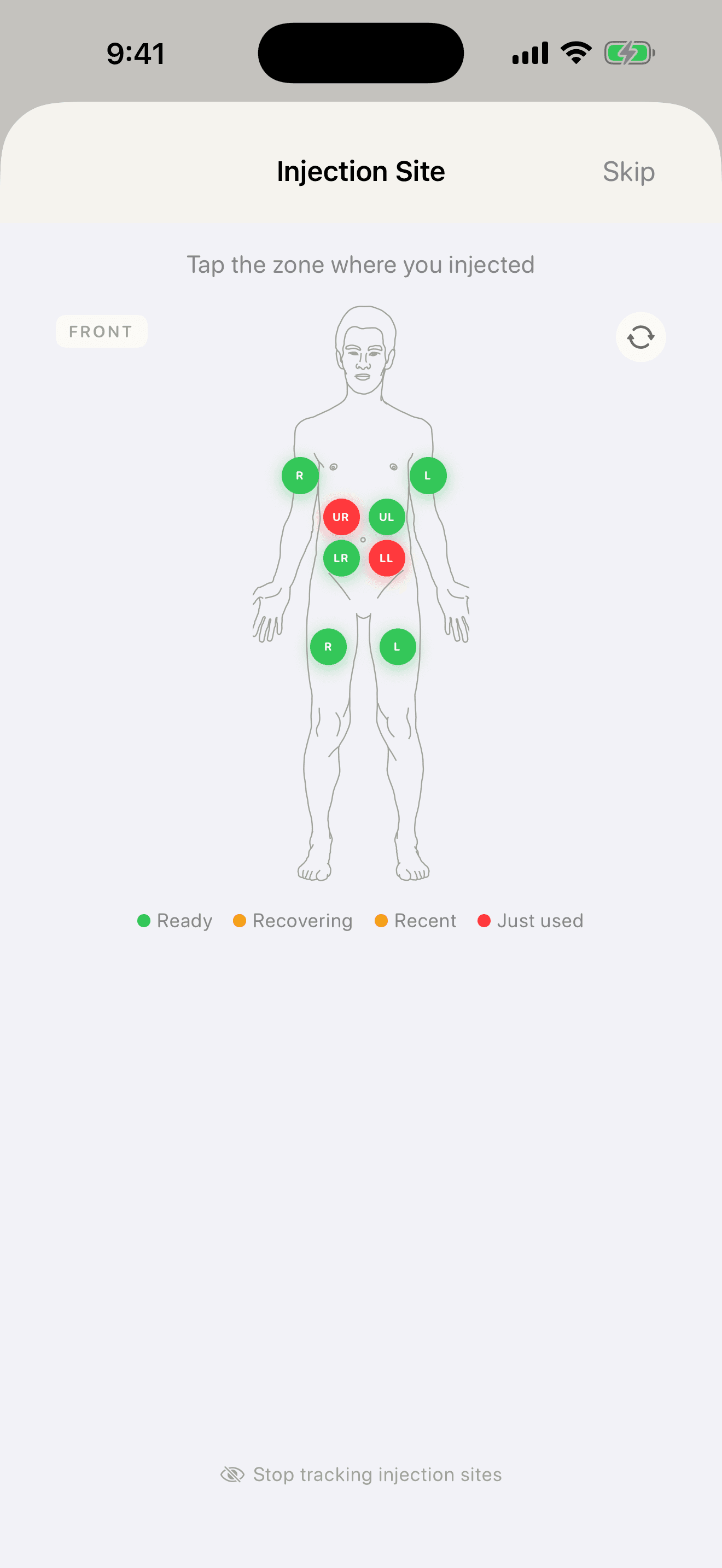 Injection sites — body diagram with recent sites highlighted