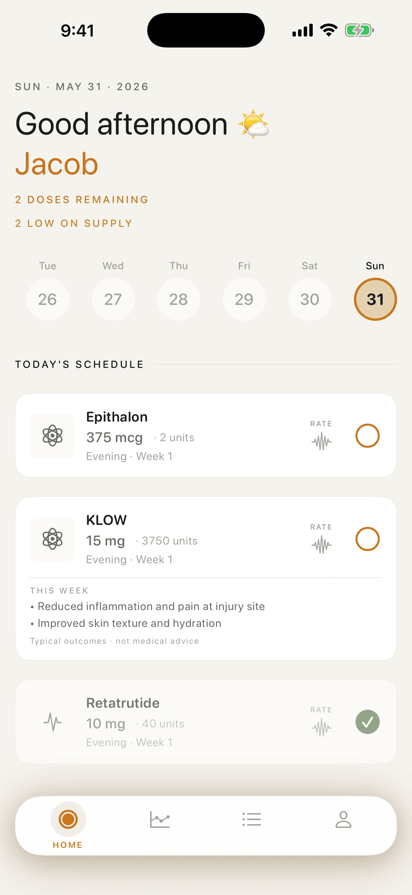 Today view — dose schedule with logged doses